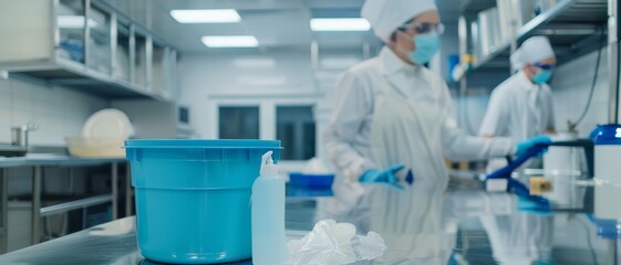 Naklejka premium Workers in masks and white uniforms perform precise tasks in a clean, sterile industrial kitchen, reflecting professionalism and cleanliness.