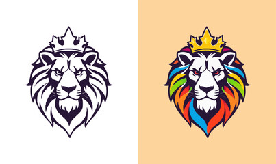 powerful abstract lion mascot logo. Lion with crown logo. Colorful rainbow lion logo for LGBTQ