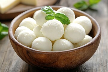 Mozzarella cheese balls in the bowl on desk.