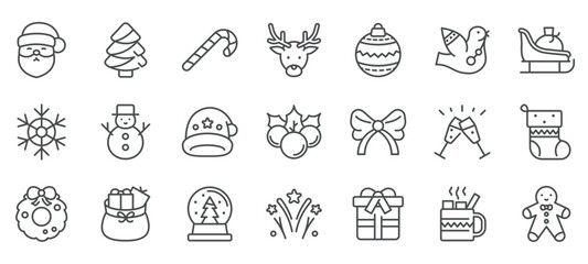 Christmas and New Year Holiday Icon Set, Festive Symbols Collection in Editable Linear Style