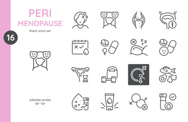 Perimenopause Icons Set. Linear illustrations representing symptoms and treatments during perimenopause, including mood swings, hot flashes, irregular periods, hormone therapy.