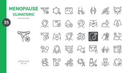 Menopause and Climacteric Icon Set. Line Symbols of Menopause Symptoms, Hormonal Changes, Bone Health, and Treatment Options. Includes Hot Flashes, Weight Gain, Supplements, and Hormone Therapy.