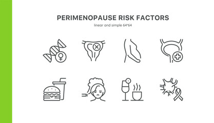 Perimenopause Risk Factors Icons Set. Isolated Line Symbols of Key Risk Factors for Perimenopause - genetics, hormonal imbalance, obesity, stress, unhealthy diet, aging, passive smoking, hysterectomy