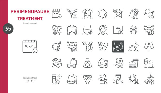Perimenopause Treatment Icons Set. Icon set of various treatments for perimenopause, including hormone therapy, diet, exercise, medications, mental health support. Vector Isolated Line Symbols.