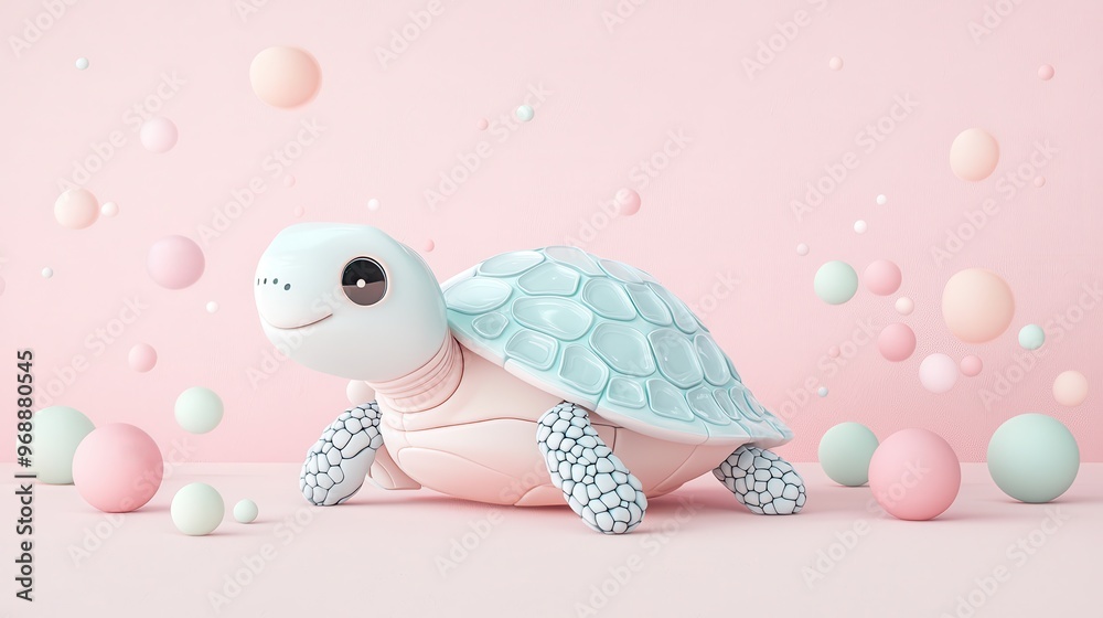 Poster Cute Cartoon Turtle with Pastel Balls on Pink Background.