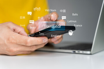 Translator app, language course and e-learning concept. Person use smartphone with Translator app