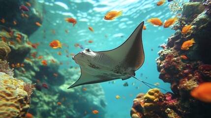 A spotted eagle ray swims gracefully through a vibrant coral reef, surrounded by a school of orange fish.