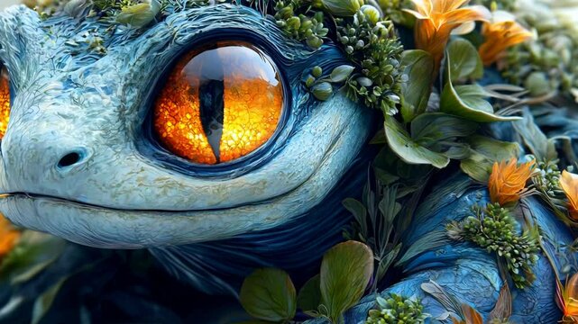 Close-up of a fantasy creature's eye, showing its intricate details.