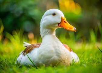 "A sitting duck with a white face, yellow beak, orange legs, and feathers of various shades blended together on a green grassy background."