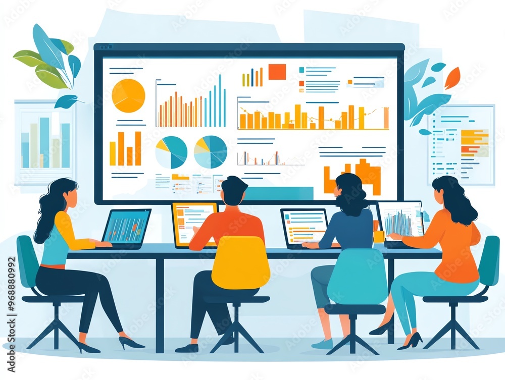 Poster four people sitting at a table with computers analyzing financial data displayed on a large screen.