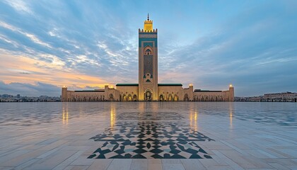 Grand Mosque Architecture Islamic Reflection On Water After Sunrise Symmetry, Casablanca, Morocco