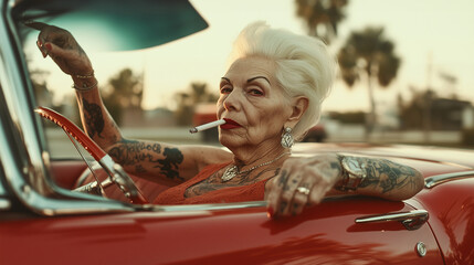 Elegant senior woman with tattoos is smoking a cigarette while sitting in a red convertible car