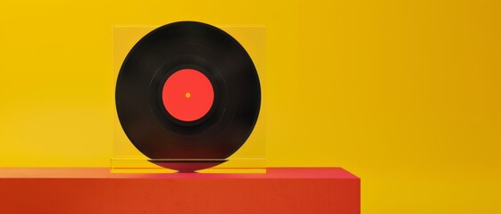 Minimalistic photograph of a vinyl record with a red label set against a bold yellow and red background.
