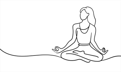 Girl sitting in meditation continuous line art drawing isolated on white background. Yoga relax. Vector illustration