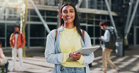 Happy woman, outdoor and portrait on campus for education, learning and books for studying. Female...
