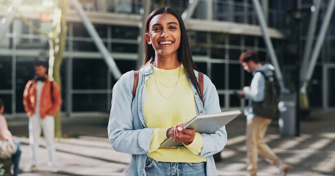 Happy woman, outdoor and portrait on campus for education, learning and books for studying. Female person, backpack and start of university for knowledge, academy and college institute in India