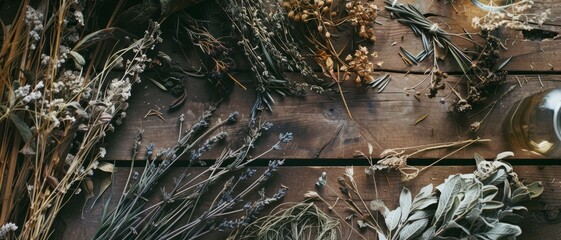 A rustic wooden table adorned with an array of dried herbs and wildflowers, evoking a sense of natural beauty and traditional herbal medicine.