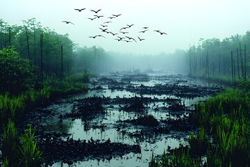 Serene wetlands with flock of birds over misty marshland at dawn