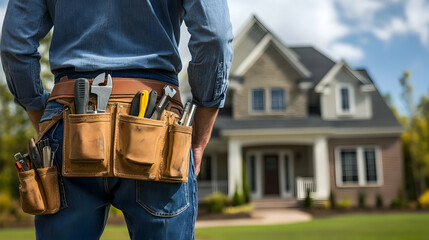A home service technician equipped with a tool belt stands in front of a residence