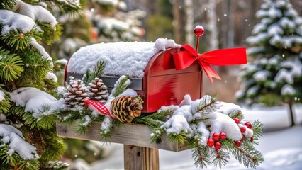 Red and white Christmas mailbox stands adorned with snowflakes, pinecones, and a lush red ribbon, its rustic charm evoking the magic of the winter season.