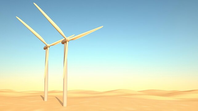 Wind turbines in desert, sand dunes, clear skies, renewable in arid regions, sunlight and shadows, warm beige and yellow palette