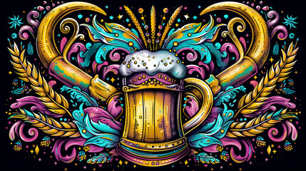 Naklejka premium A colorful and artistic image of a beer mug with a handle and a straw. The mug is surrounded by a variety of colorful flowers and leaves, giving the impression of a festive and celebratory atmosphere