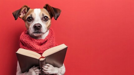 a dog wearing a scarf holding a book on a pastel red background, copy space