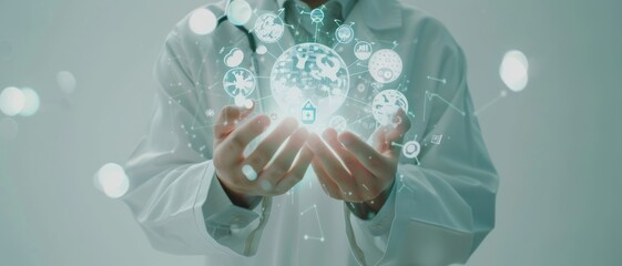 A close-up of a doctor in a white coat securely holding a digital hologram globe filled with interconnected health icons, symbolizing modern healthcare and technology.