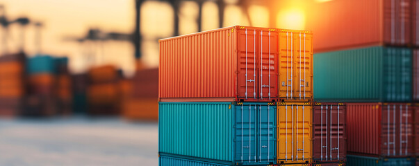 Fototapeta premium Colorful shipping containers stacked at a port during sunset, showcasing industry, logistics, and maritime trade.