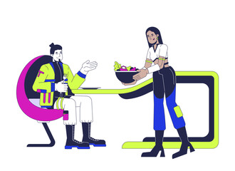 Futurism dining table couple interracial 2D cartoon characters. Futuristic woman serving salad to man isolated people flat vector on white background. Future lunch together. Spot illustration colorful