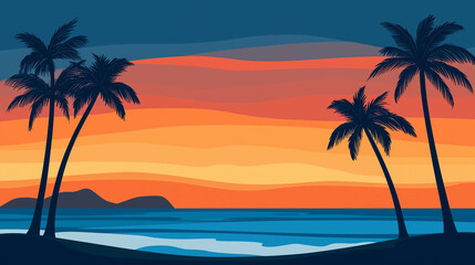 Obraz premium Beautiful Tropical Beach with Palm Trees at Sunset Wallpaper