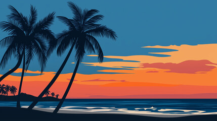 Fototapeta premium Beautiful Tropical Beach with Palm Trees at Sunset Wallpaper