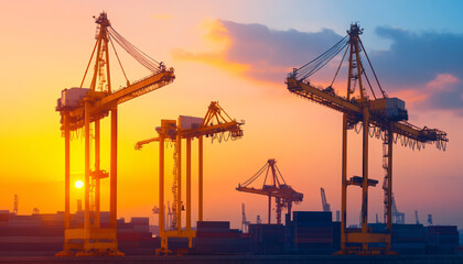 Obraz premium Sunset skyline featuring towering cranes in a bustling shipping port, showcasing industrial architecture and vibrant colors.