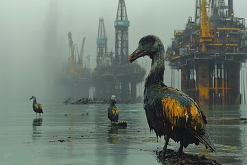 Oil spill devastation: birds struggle amidst polluted waters and offshore rigs