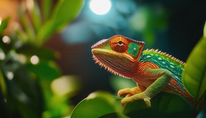 Fototapeta premium A vibrant chameleon perched on lush green leaves, showcasing its stunning colors in a beautifully lit environment.