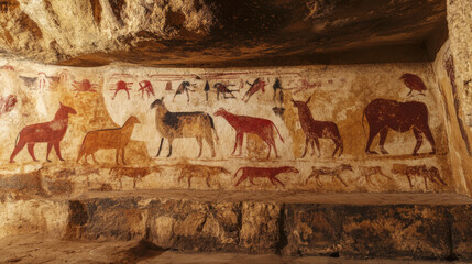 Obraz premium Indigenous religious artwork painted on the walls of a cave, depicting sacred animals, ancestors, and cosmological symbols