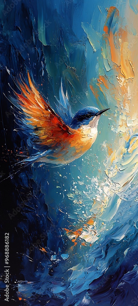 Wall mural semiabstract bird soaring through the sky with its wings transforming into waves of color representi