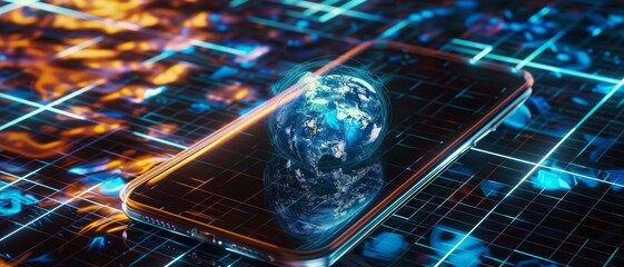 A smartphone lying on a neon-lit surface with a holographic globe emerging from it, illustrating the power of global connectivity through technology.