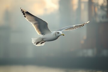 Fototapeta premium Graceful seagull soaring over tranquil harbor in misty morning light