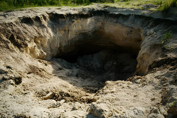A large, natural sinkhole in an outdoor environment showing exposed earth layers and sediment.