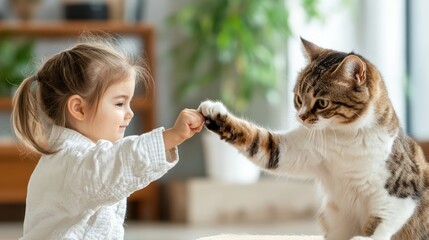 Naklejka premium A young girl and a cat touch fists in a gesture that mimics a fist bump, capturing a heartwarming moment of connection and interaction between pet and child in a cozy living room.