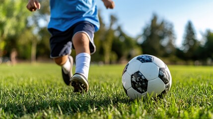 Obraz premium A young child in athletic wear is playing outdoors, focusing on a soccer ball at their feet, showcasing energy and enthusiasm in a grassy field with a clear backdrop.