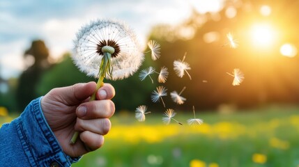 Fototapeta premium A close-up shot of a hand holding a dandelion, capturing the seeds being released into the wind, symbolizing freedom, wishes, and the beauty of nature amid a sunny backdrop.