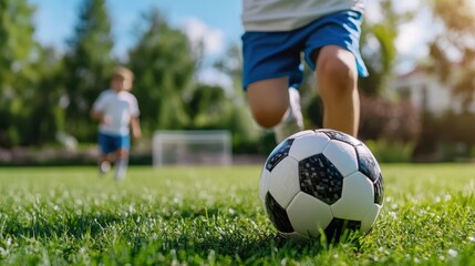 Obraz premium Two kids in athletic clothing are actively playing soccer outside on a lush green field, capturing moments full of energy, teamwork, and outdoor fun against a clear sky.