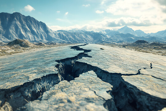 A vast, cracked earth landscape against a backdrop of mountains and blue sky, depicting natural geological formations and earthquake aftermath.