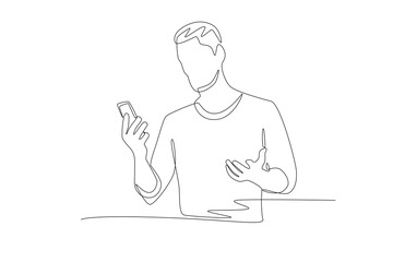 Fototapeta premium The man on the phone is using the speaker while angry. Making phone calls concept one-line drawing