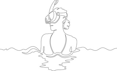 Continuous one line drawing  diver girl in mask. Swimmer in water with mask and snorkel. Woman swims in sea. One continuous line isolated minimal illustration.