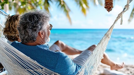 A senior couple finds calm and relaxation swinging on a hammock by the ocean under the shade of tropical palms, savoring the peaceful ambiance of their coastal retreat.