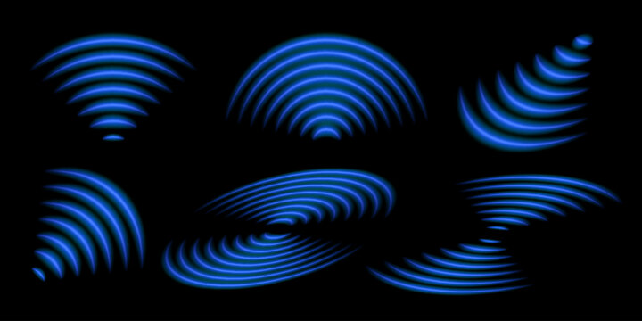 3D Wi-Fi waves with blue neon radial light. Wireless data transmission and radar signal effect. Glowing symbols for sound scan technology and network monitoring. Symbols digital flow and protection.