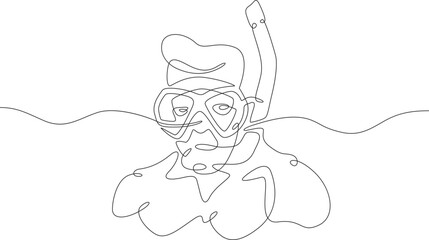 Continuous one line drawing diver in a mask. Swimmer in the water with a mask and snorkel. One continuous line isolated minimal illustration.